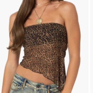 Edikted Brown Leopard Print Strapless Crop Top - Size Small